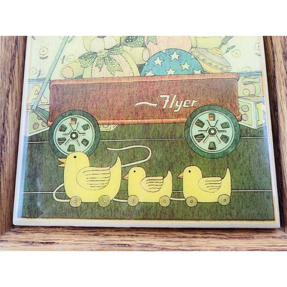 Frame Radio Flyer Wagon Ducks Retro Horse Enameled Ceramic Tile Nursery Baby VTG - Picture 4 of 8